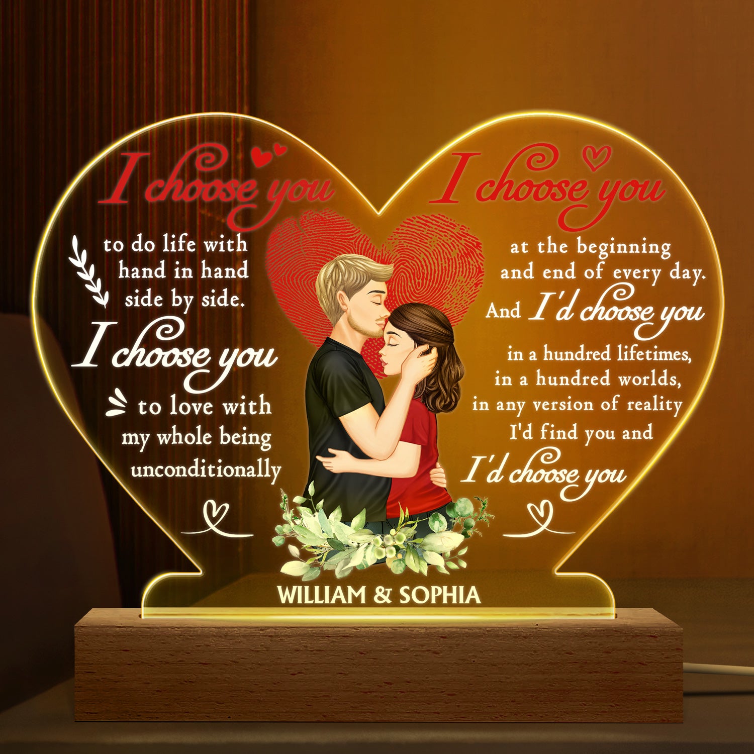 Family Husband And Wife I Choose You - Gift For Couples - Personalized Custom 3D Led Light Wooden Base