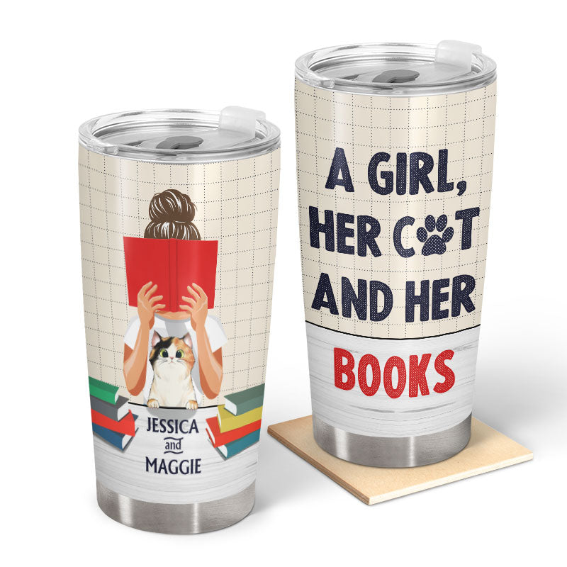 A Girl, Her Cat And Her Books - Personalized Custom Tumbler