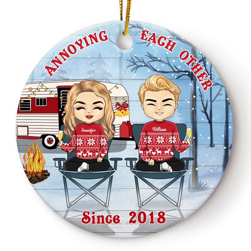 Camping Chibi Couple Christmas Annoying Each Other Since - Personalized Custom Circle Ceramic Ornament