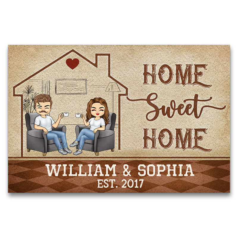 Home Sweet Home Husband Wife Chibi - Couple Gift - Personalized Custom Doormat