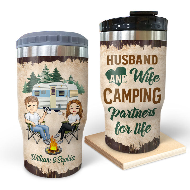 Camping Partners For Life Husband Wife - Couple Gift - Personalized Custom Triple 3 In 1 Can Cooler