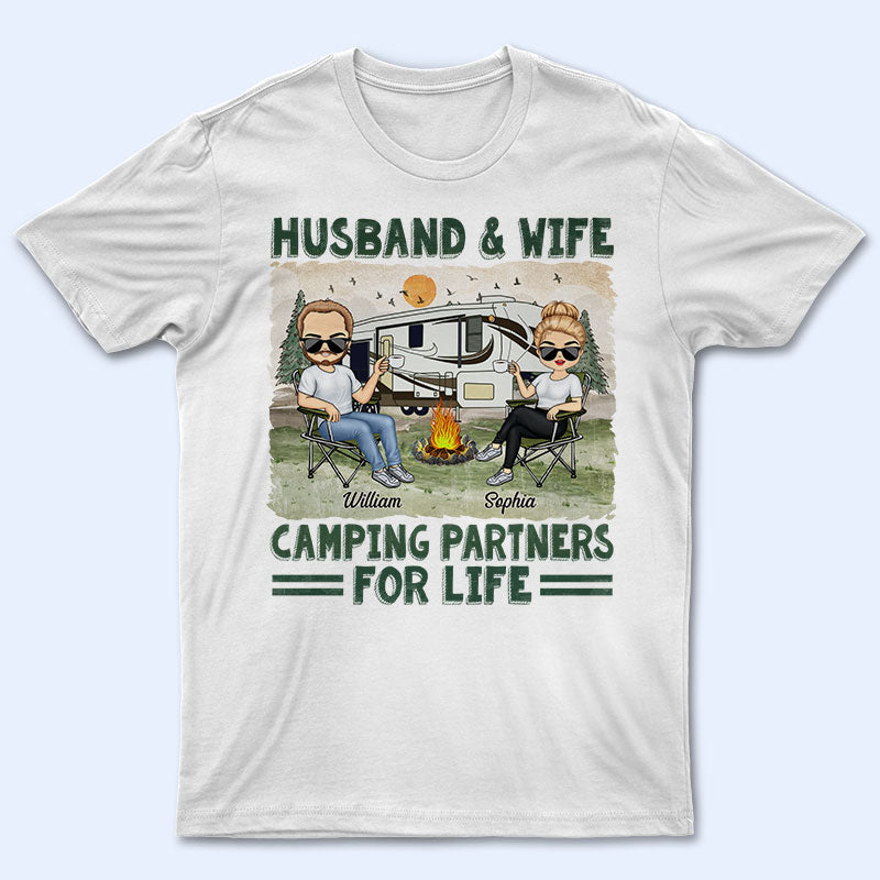 Husband And Wife Camping Partners For Life - Couple Gift For Camping Lovers - Personalized Custom T Shirt