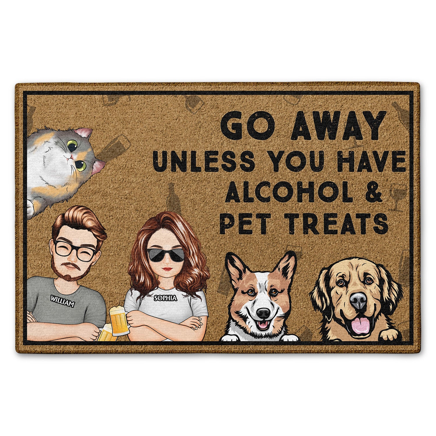 Go Away Unless You Have Alcohol And Dog Treats Cat Treats Pet Treats Cartoon Couples - Home Decor, Birthday, Housewarming Gift For Dog Lovers & Cat Lovers - Personalized Custom Doormat