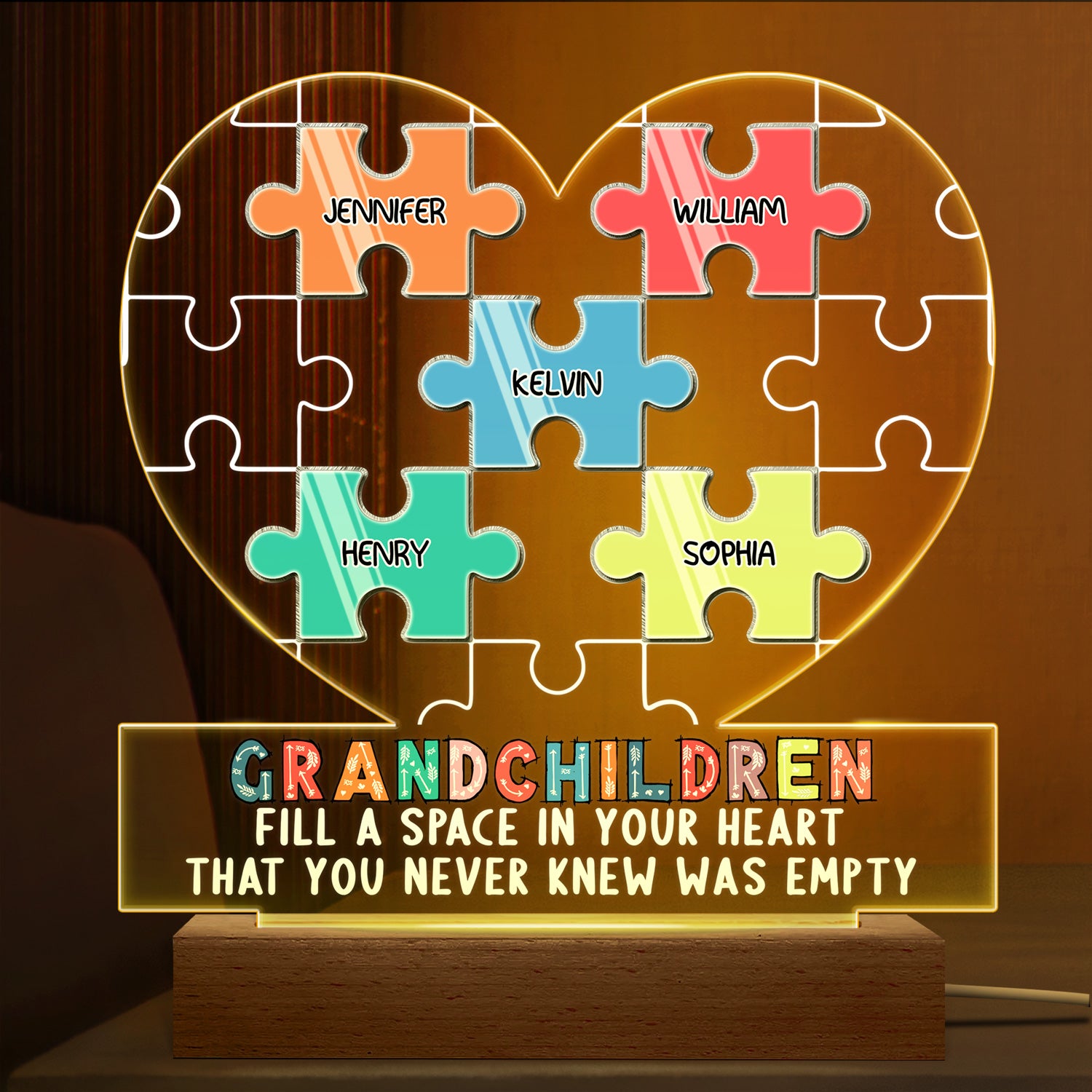 Grandchildren Fill A Space In Your Heart Puzzle - Birthday, Loving Gift For Mom, Mother, Mama, Grandma, Grandmother - Personalized Custom 3D Led Light Wooden Base