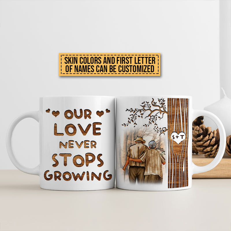 Old Couple Never Stops Growing Custom Mug, Gifts For Wedding, Anniversary, Birthday, Grandparents' Day Gift