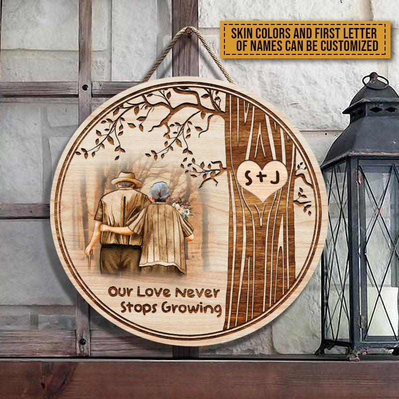 Old Couple Never Stops Growing Custom Wood Circle Sign, Gifts For Wedding, Anniversary, Birthday, Grandparents' Day Gift