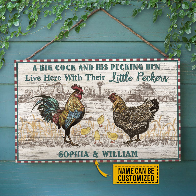 Personalized Chicken Couple Live Here Little Peckers Customized Wood Rectangle Sign