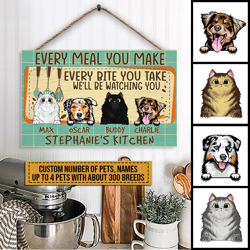 Pet Lovers We'll Be Watching You Custom Wood Rectangle Sign, Dog, Cat, Funny Kitchen Decor, Gift For Pet Lovers
