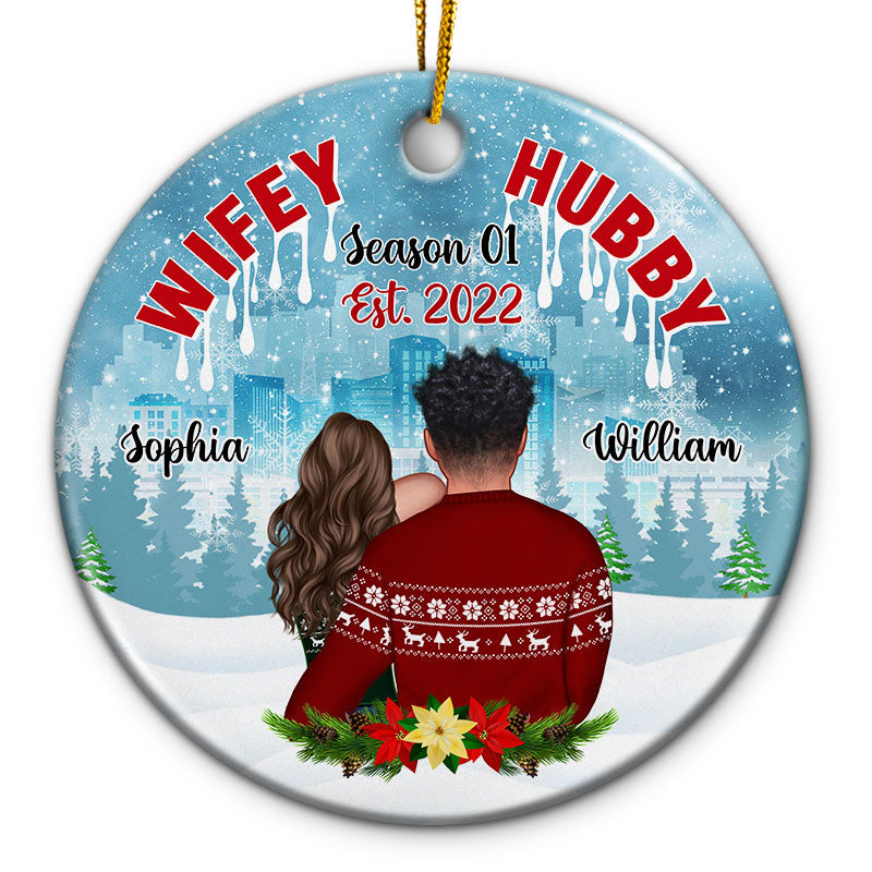 Hubby Wifey Season - Christmas Couple Gift - Personalized Custom Circle Ceramic Ornament