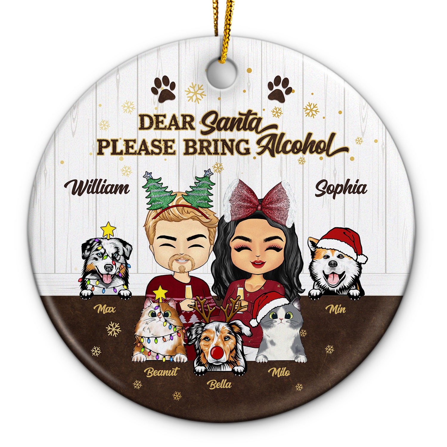 Dear Santa Please Bring Alcohol - Christmas Couple Gift For Dog Cat Lovers - Personalized Custom Circle Ceramic Ornament