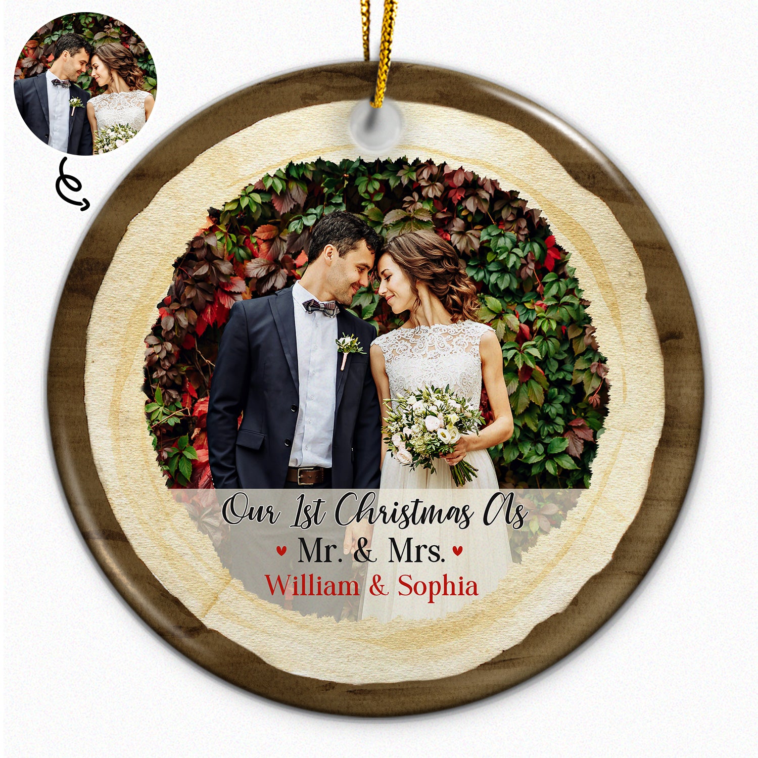 Custom Photo Our First Christmas As Mr & Mrs - Christmas Gift For Wedding Married Couples - Personalized Custom Circle Ceramic Ornament