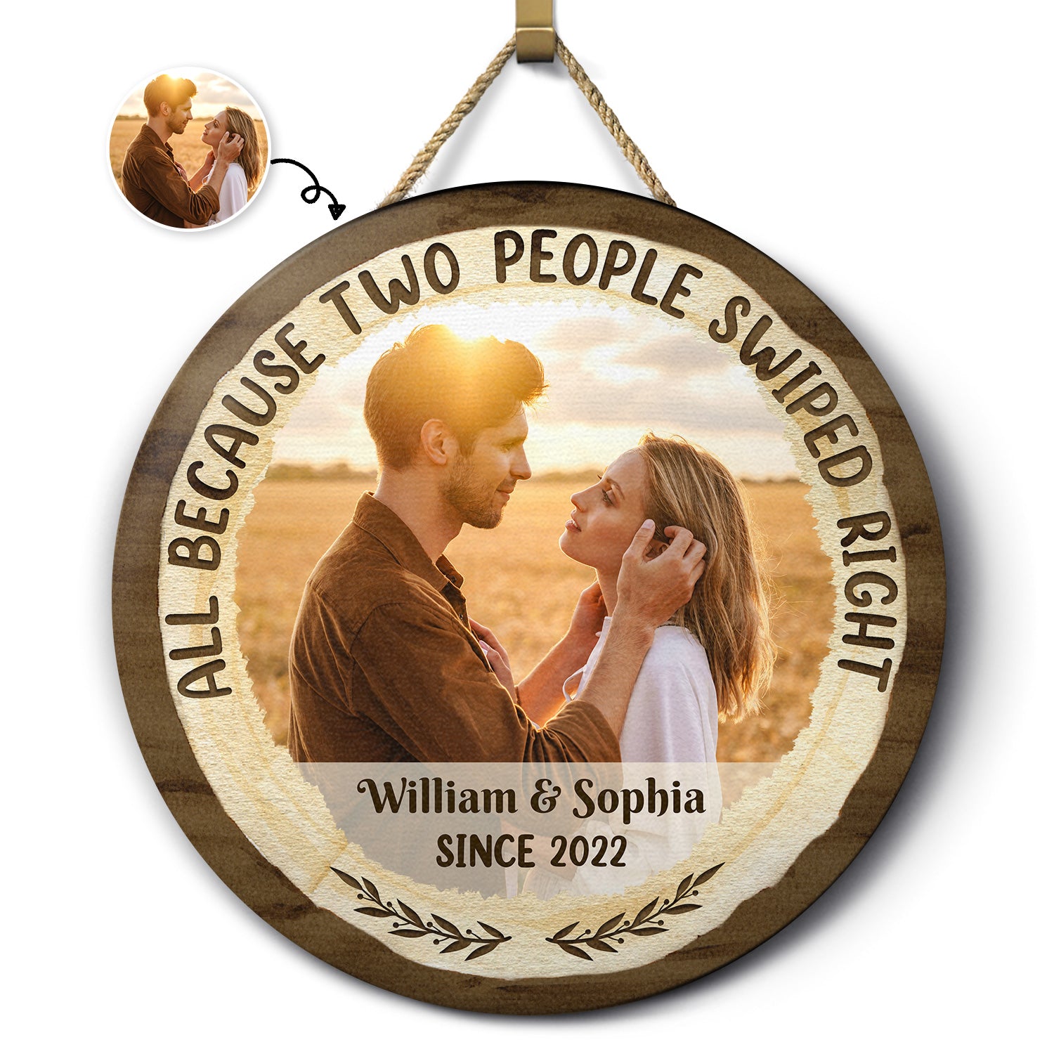 Custom Photo Two People Swiped Right - Anniversary Gift For Wedding Married Couples - Personalized Custom Wood Circle Sign