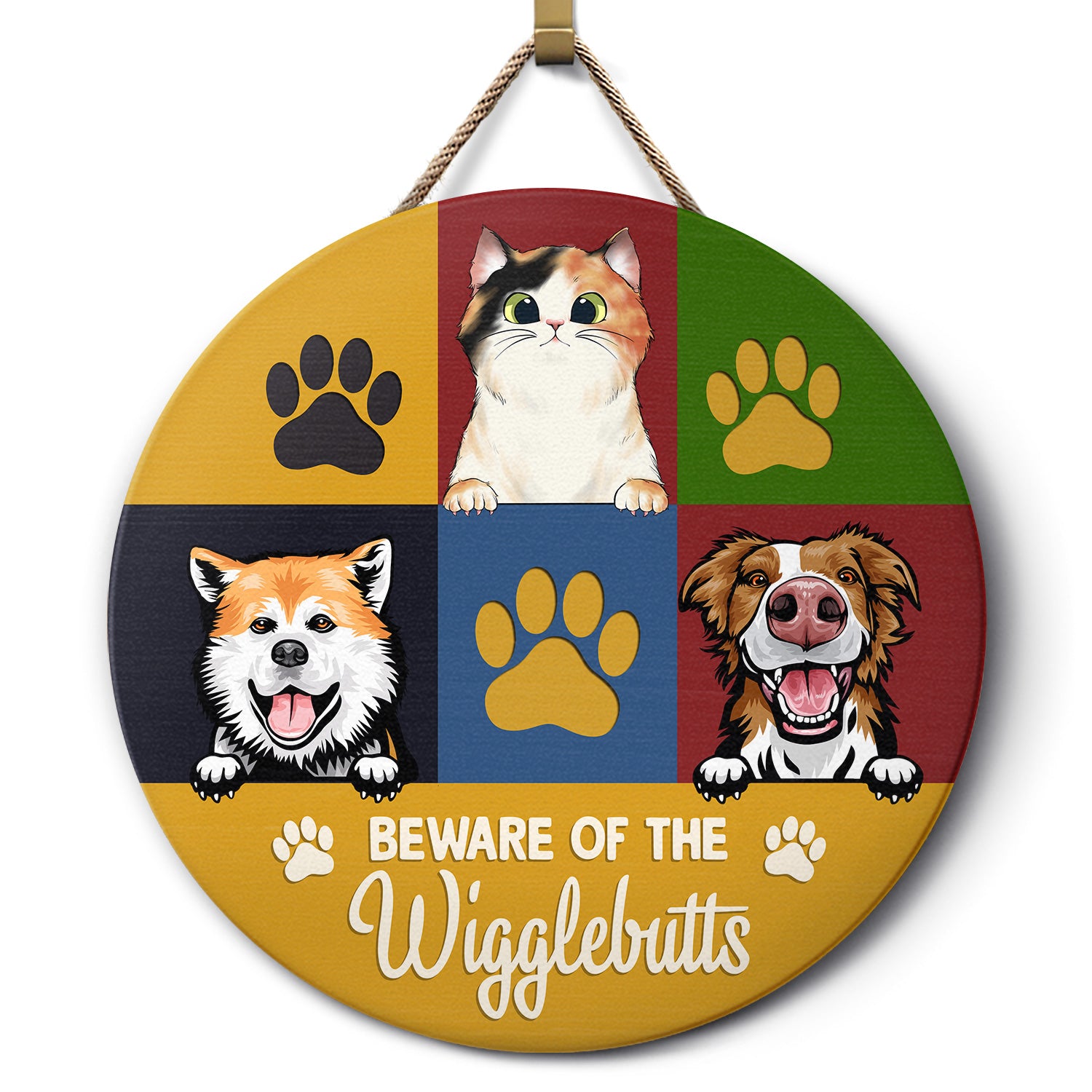 Dogs Cats Beware Of Wigglebutts - Gift For Dog & Cat Lovers - Personalized Custom Wood Circle Sign