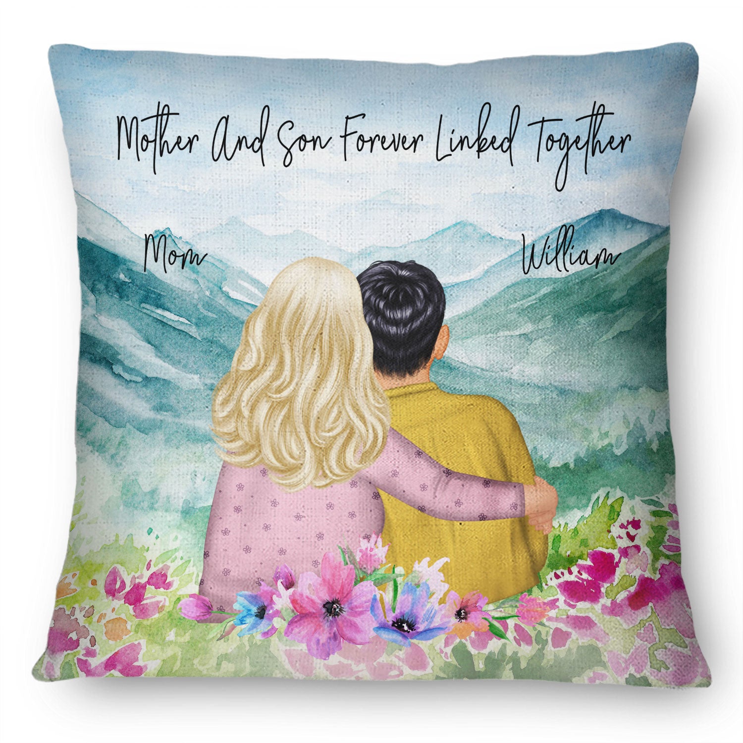 Mother And Son Forever Linked Together Watercolor Style - Birthday, Family Gift For Mom, Grandma, Grandson, Grandchild, Grandkid - Personalized Custom Pillow