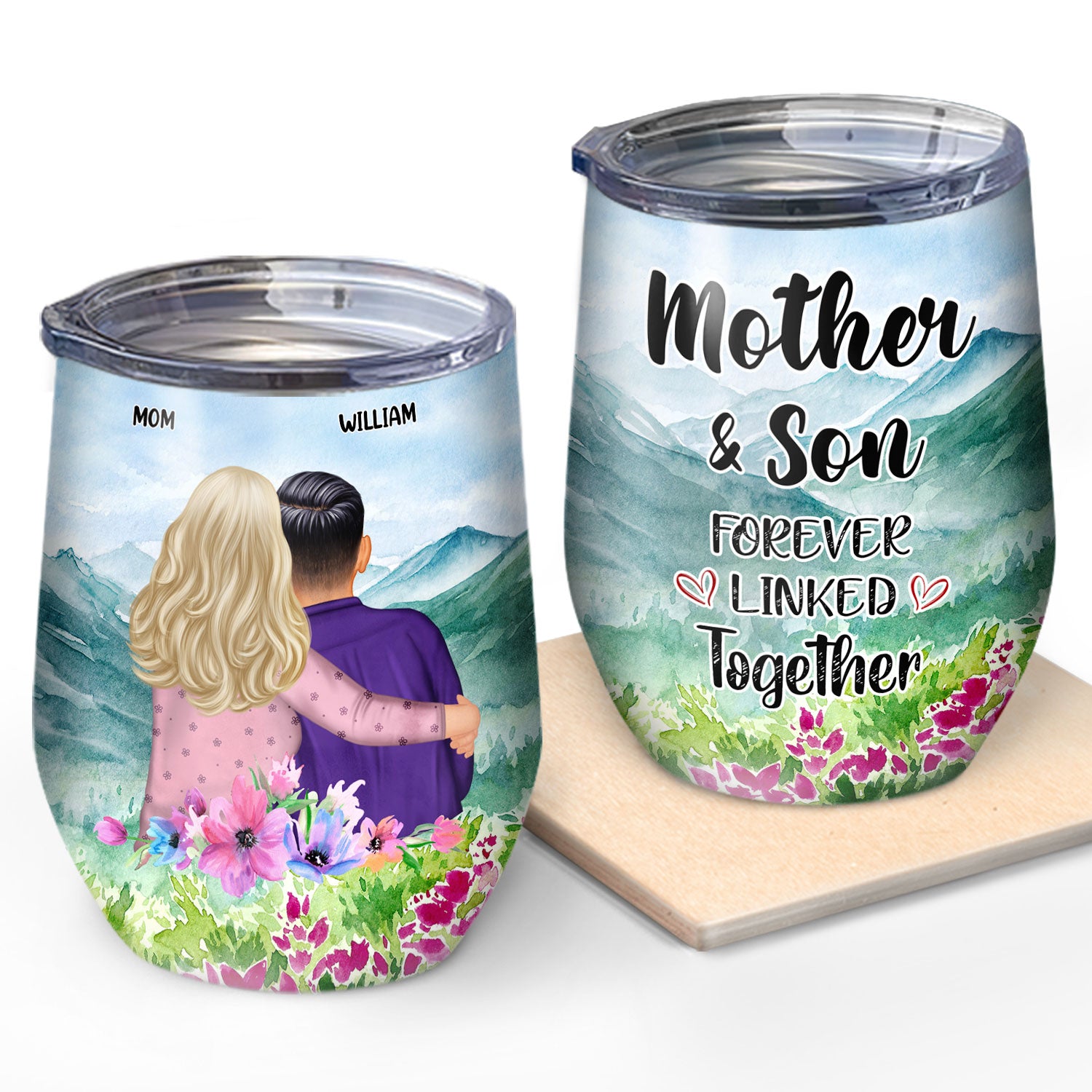 Mother Son Linked Together Watercolor Style - Birthday, Family Gift For Mom, Grandma, Grandson - Personalized Custom Wine Tumbler