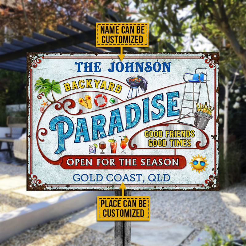 Personalized Backyard Paradise Open For The Season Custom Classic Metal Signs