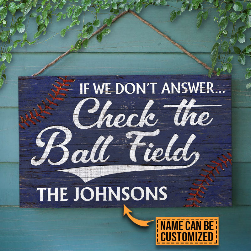 Personalized Baseball Blue Check The Ball Field Customized Wood Rectangle Sign