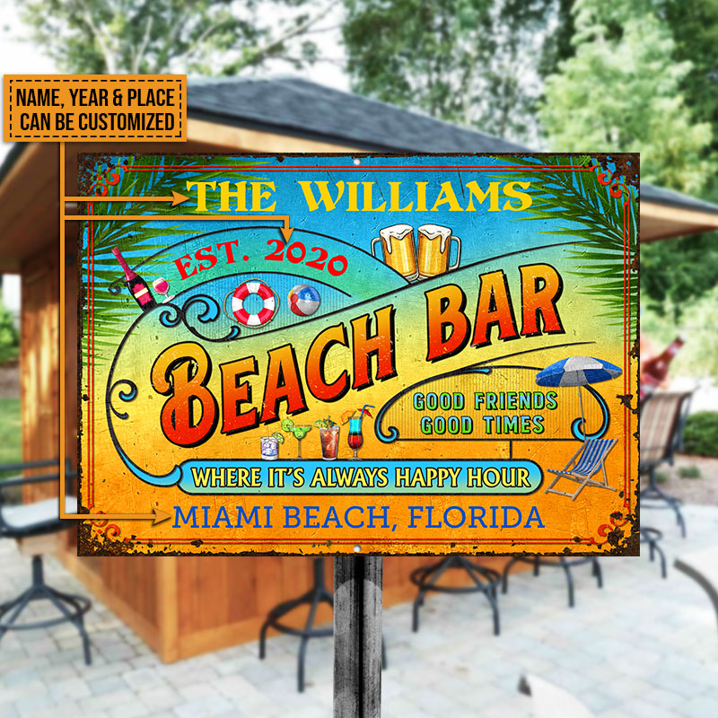 Personalized Beach Bar Always Happy Hour Custom Classic Metal Signs
