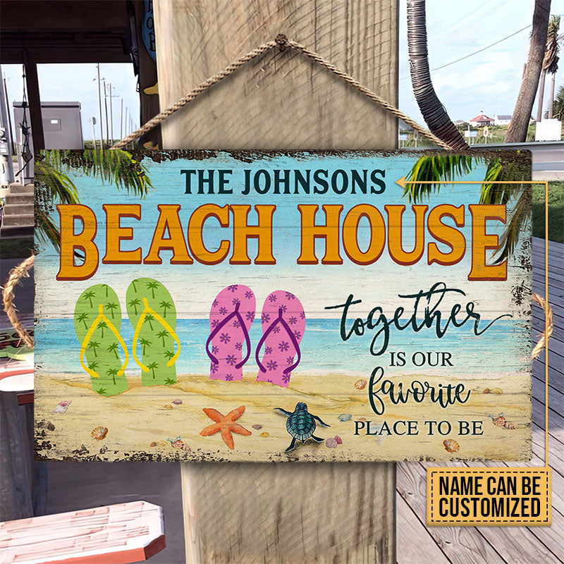 Personalized Beach House Couple Flip Flops Together Custom Wood Rectangle Sign
