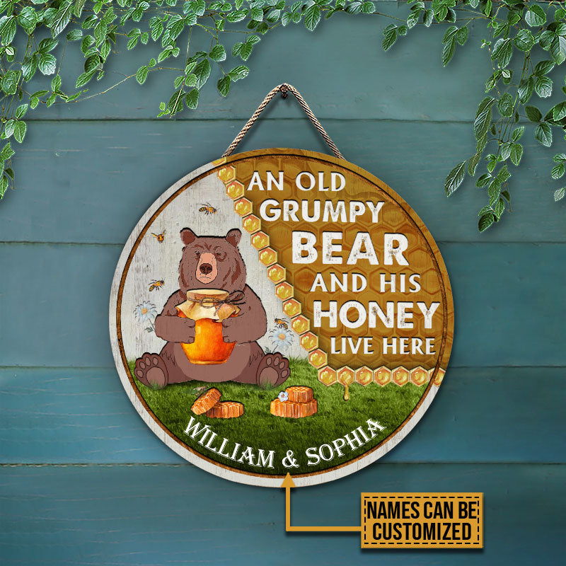 Personalized Bear And His Honey Bee Live Here Custom Wood Circle Sign