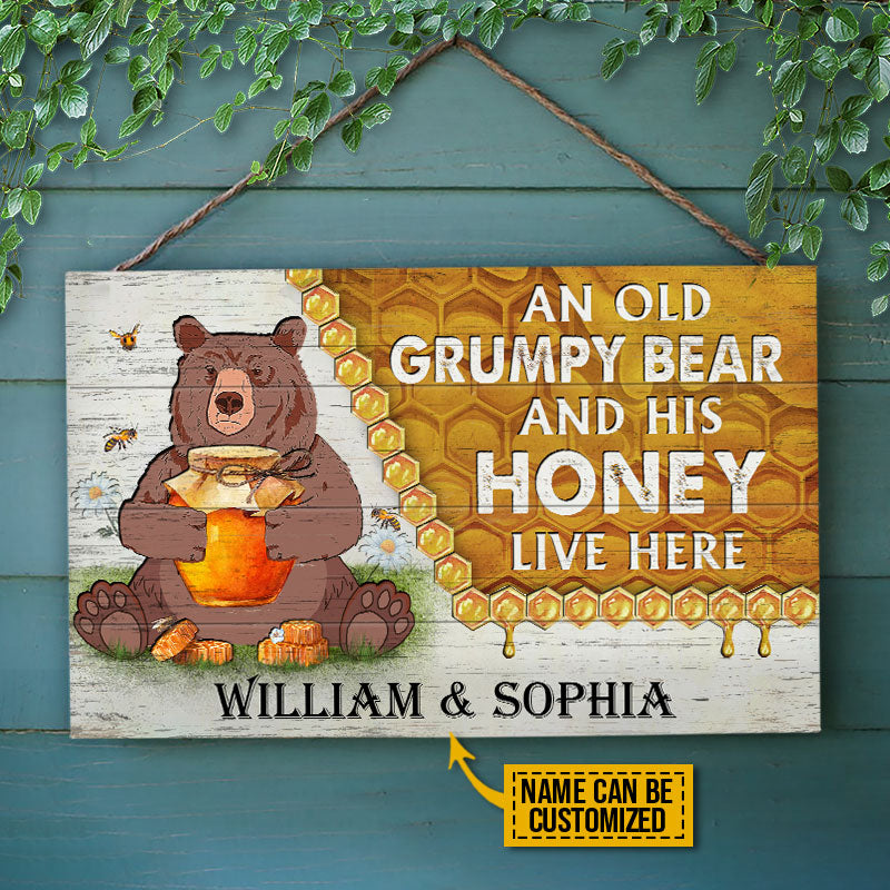 Personalized Bear And His Honey Bee Live Here Customized Wood Rectangle Sign