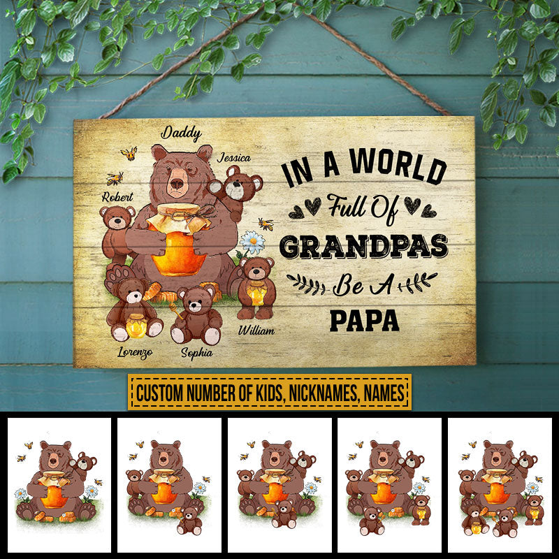 Personalized Bear Papa Dad And Child In A World Custom Wood Rectangle Sign