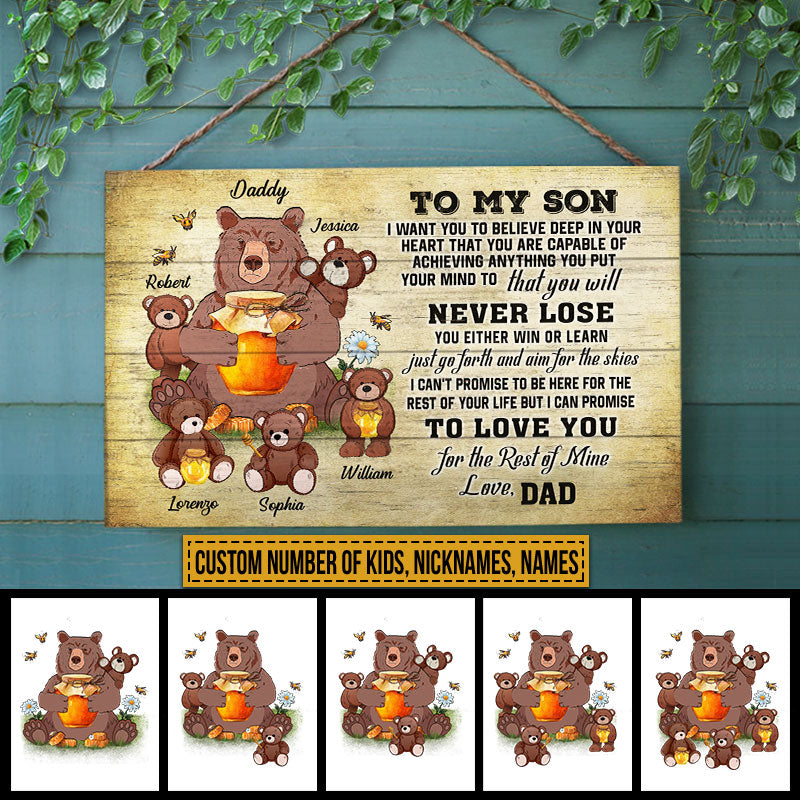 Personalized Bear Papa Dad And Child Never Lose Custom Wood Rectangle Sign