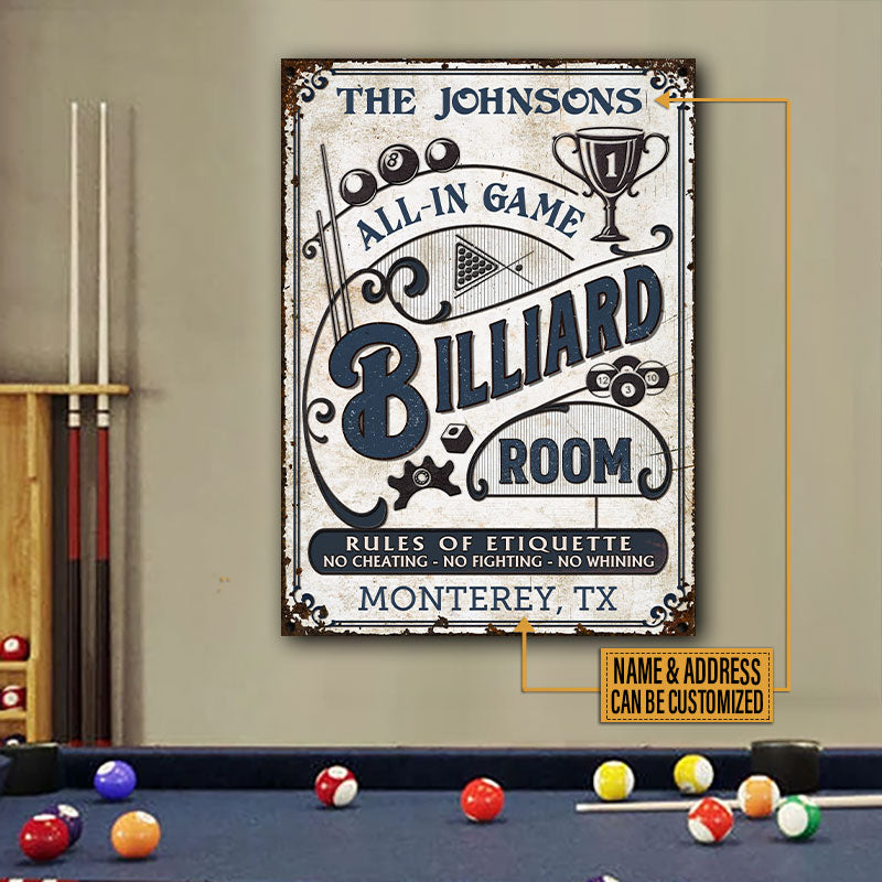 Personalized Billiard Room All-in Game Vertical Custom Classic Metal Signs