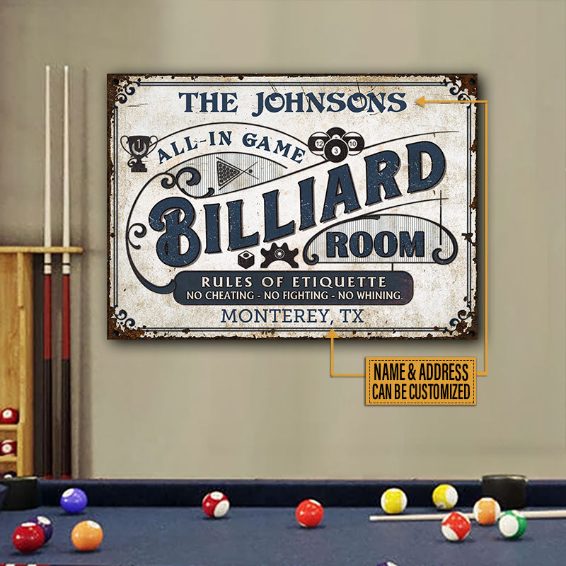 Personalized Billiard Room Rules Of Etiquette Custom Classic Metal Signs
