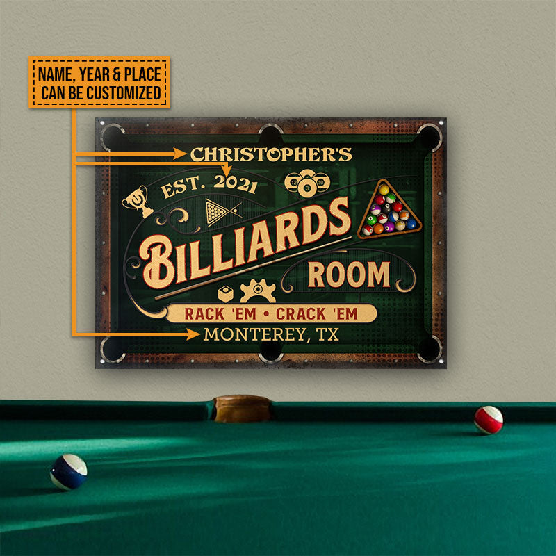 Personalized Billiards Rack 'Em Crack 'Em Custom Classic Metal Signs