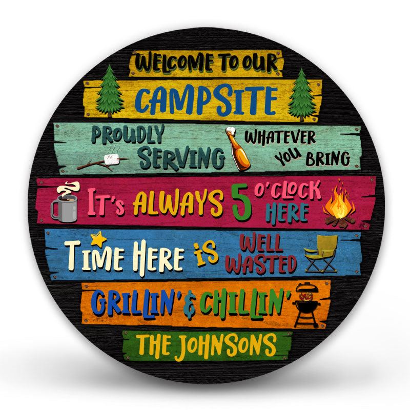Personalized Camping Proudly Serving Custom Wood Circle Sign, Camping Gift