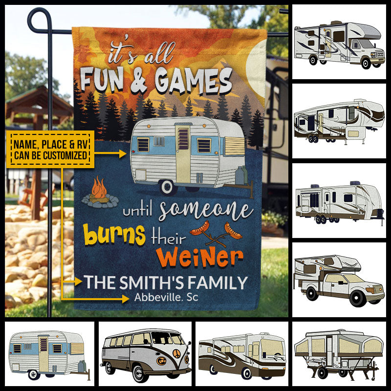 Personalized Camping Retro It's All Fun & Games Custom RV Quotes Customized Flag