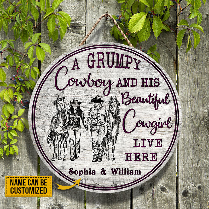 Personalized Cowboy Couple Live Here Customized Wood Circle Sign