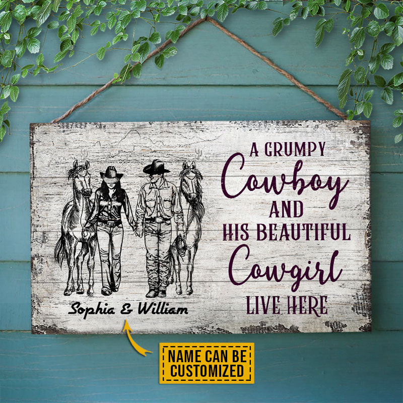 Personalized Cowboy Couple Live Here Customized Wood Rectangle Sign