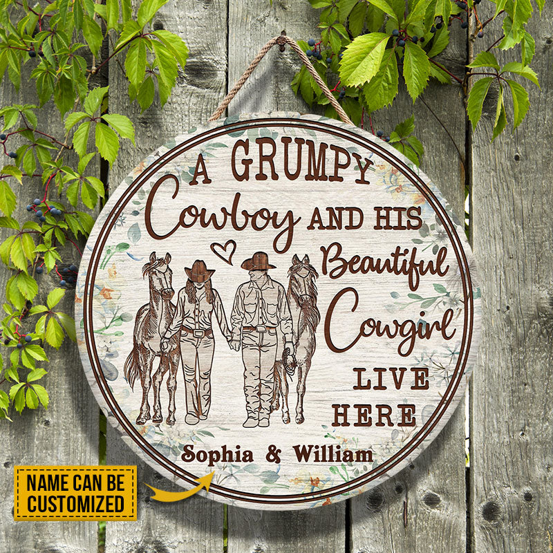 Personalized Cowboy Couple Live Here Floral Customized Wood Circle Sign