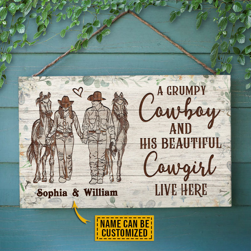 Personalized Cowboy Couple Live Here Floral Customized Wood Rectangle Sign