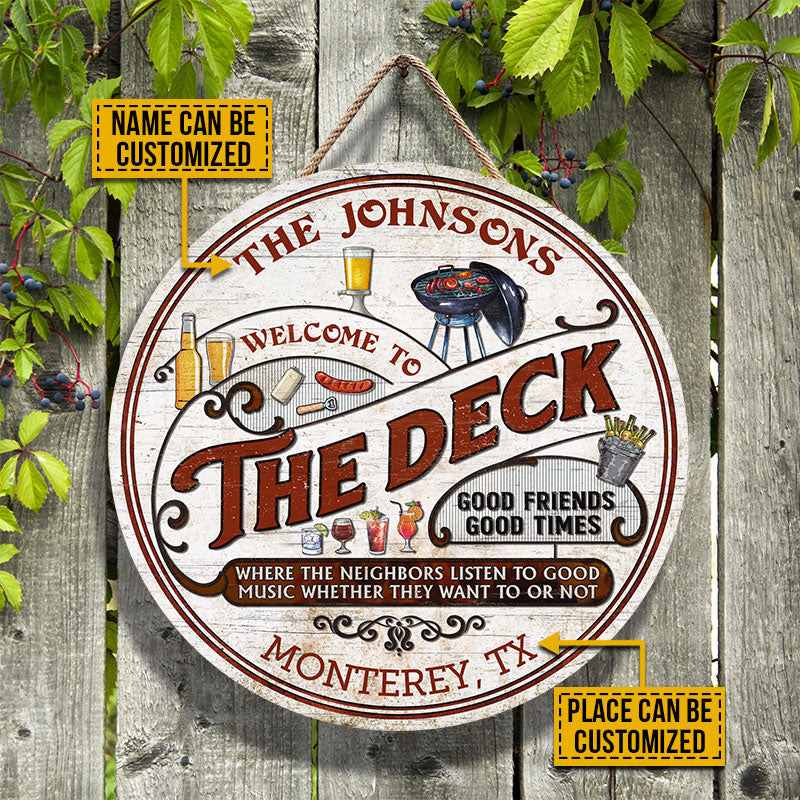 Personalized Deck Grilling Red Listen To The Good Music Vertical Custom Wood Circle Sign