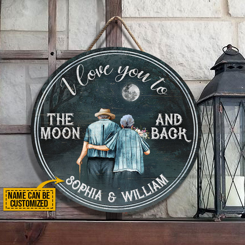 Personalized Family Old Couple Love You The Moon Customized Wood Circle Sign