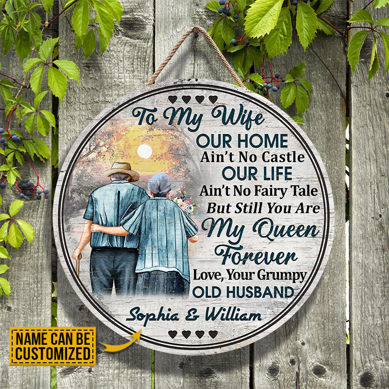 Personalized Family Old Couple Our Home Ain't No Castle Wood Circle Sign