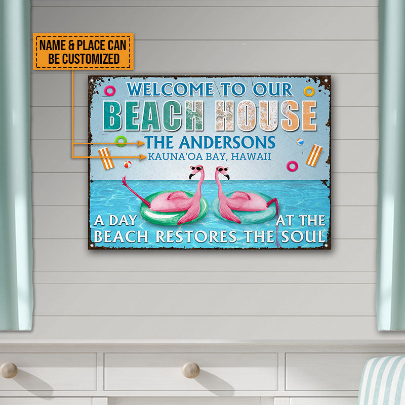 Personalized Flamingo Beach House A Day At A Beach Custom Classic Metal Signs