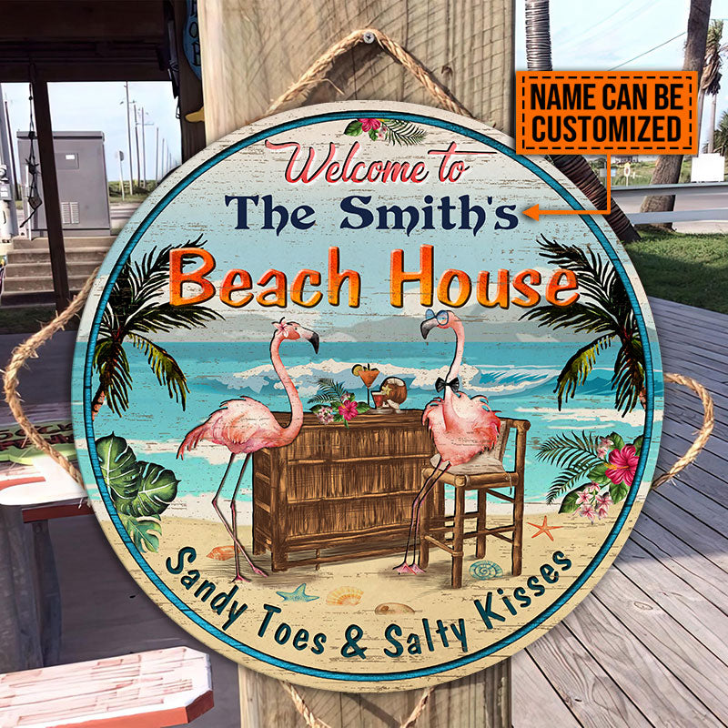 Personalized Flamingo Beach House Salty Kisses Custom Wood Circle Sign