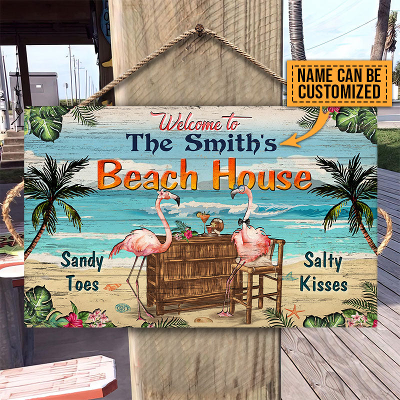 Personalized Flamingo Beach House Salty Kisses Custom Wood Rectangle Sign