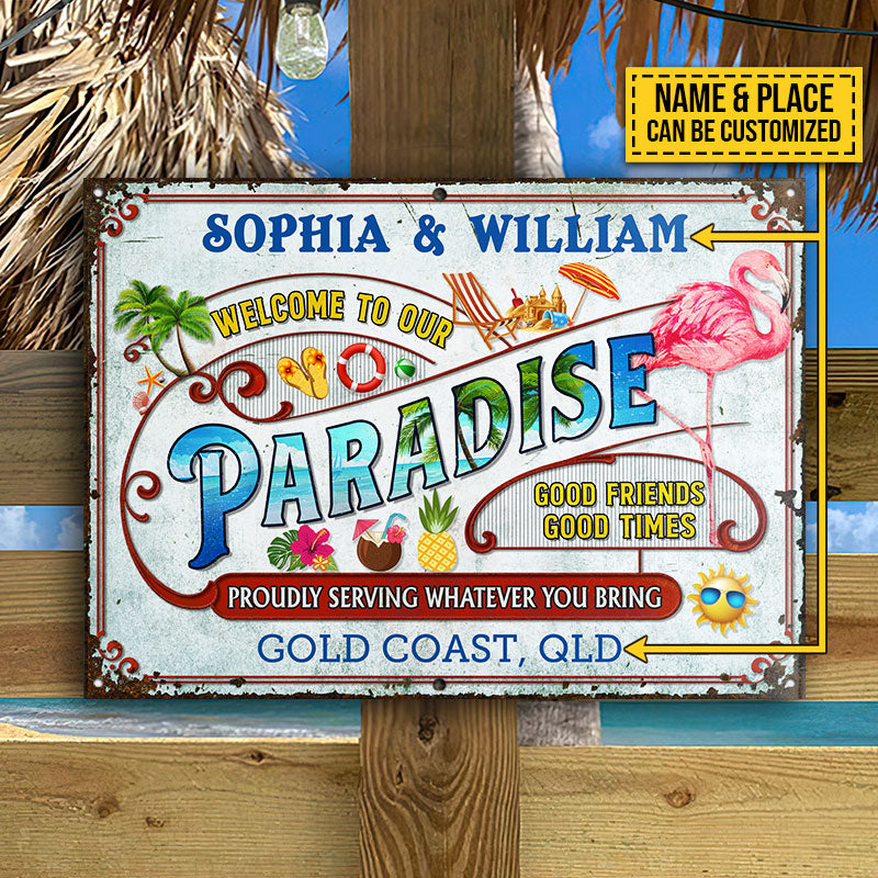 Personalized Flamingo Beach Our Paradise Customized Classic Metal Signs