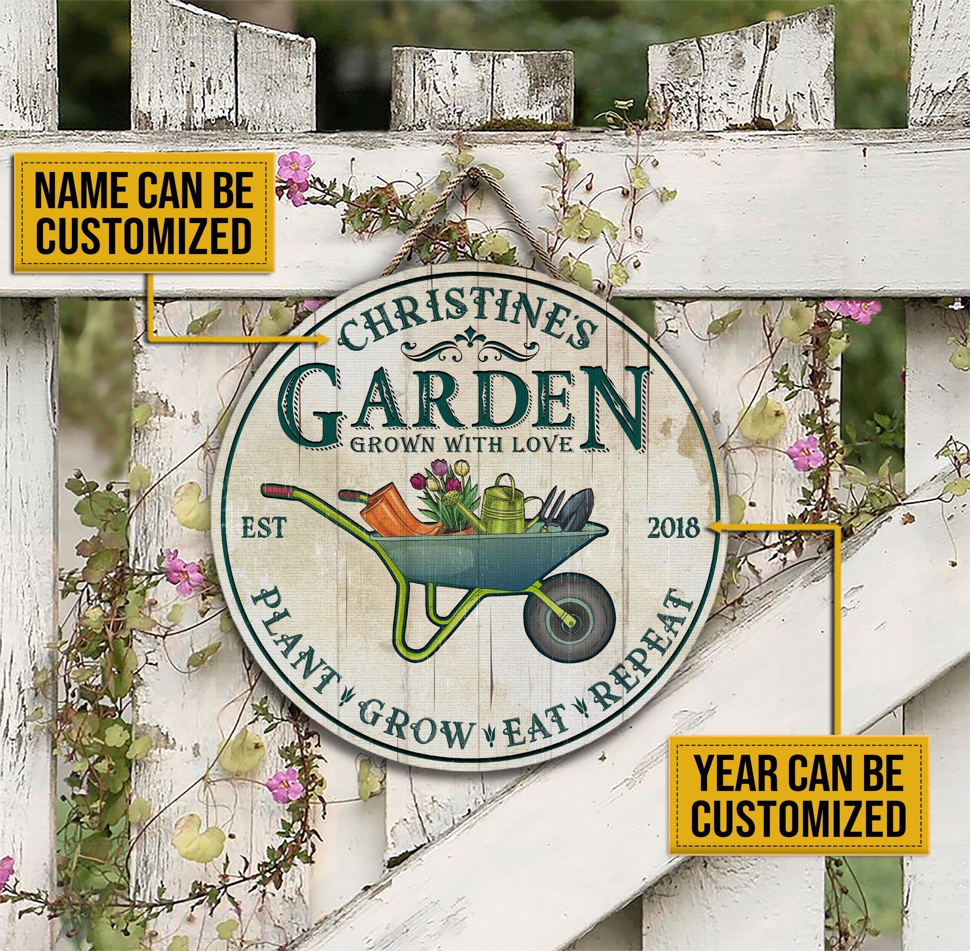 Personalized Garden Grow With Love Customized Wood Circle Sign