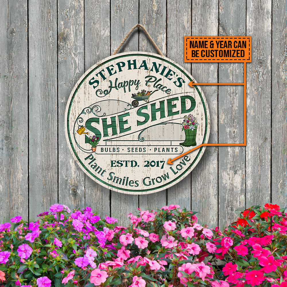 Personalized Garden She Shed Plant Smiles Grow Love Customized Wood Circle Sign