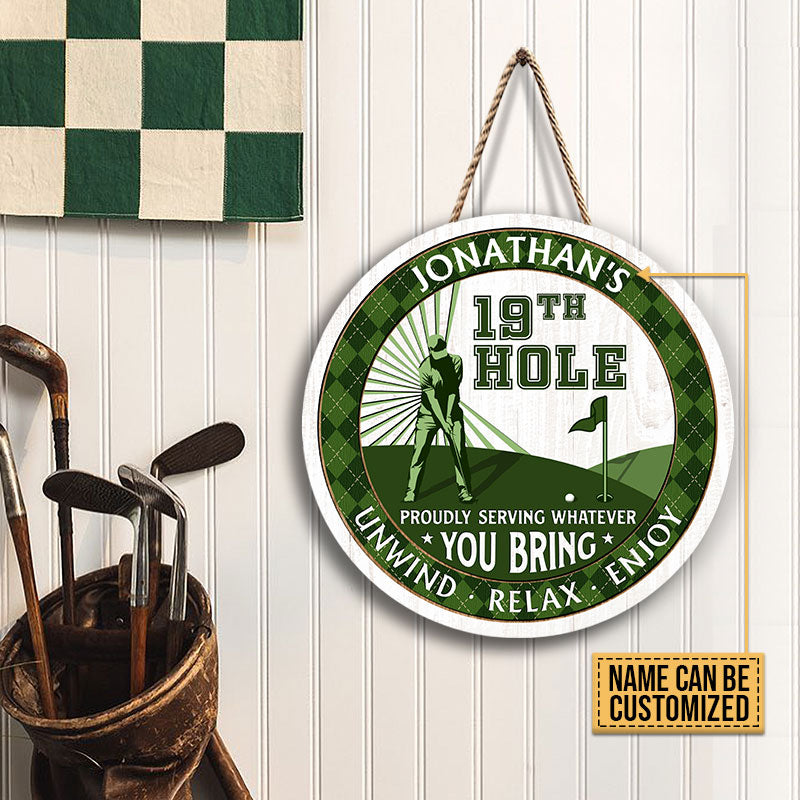 Personalized Golf 19th Hole Unwind Relax Enjoy Custom Wood Circle Sign