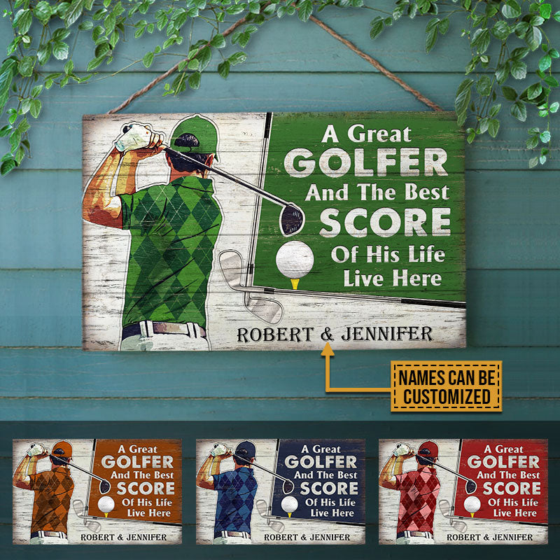 Personalized Golf Color Couple Golfer Best Score Live Customized Wood Rectangle Sign