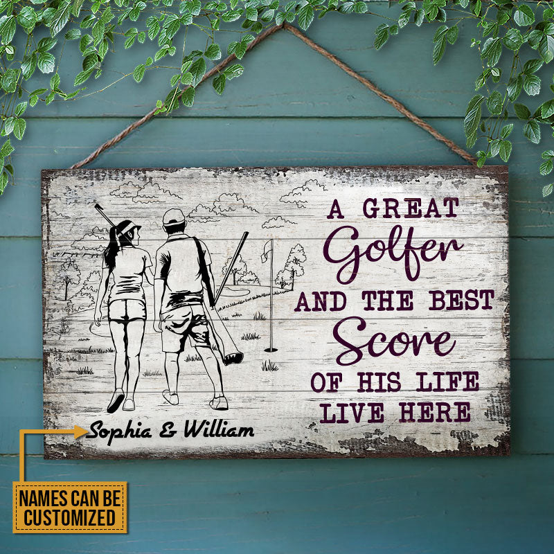 Personalized Golf Couple Golfer Live Here Sketch Customized Wood Rectangle Sign