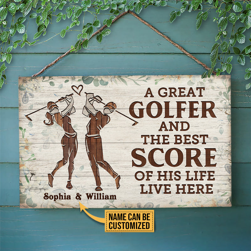 Personalized Golf Floral Couple Golfer Best Score Live Customized Wood Rectangle Sign