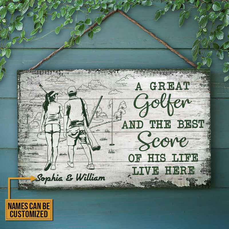 Personalized Golf Green Couple Golfer Live Here Sketch Customized Wood Rectangle Sign